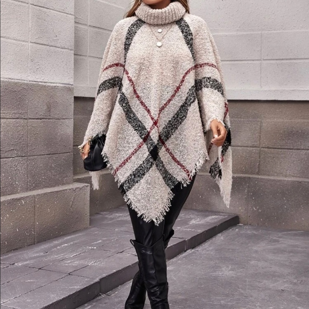 Oversized turtleneck poncho sweater